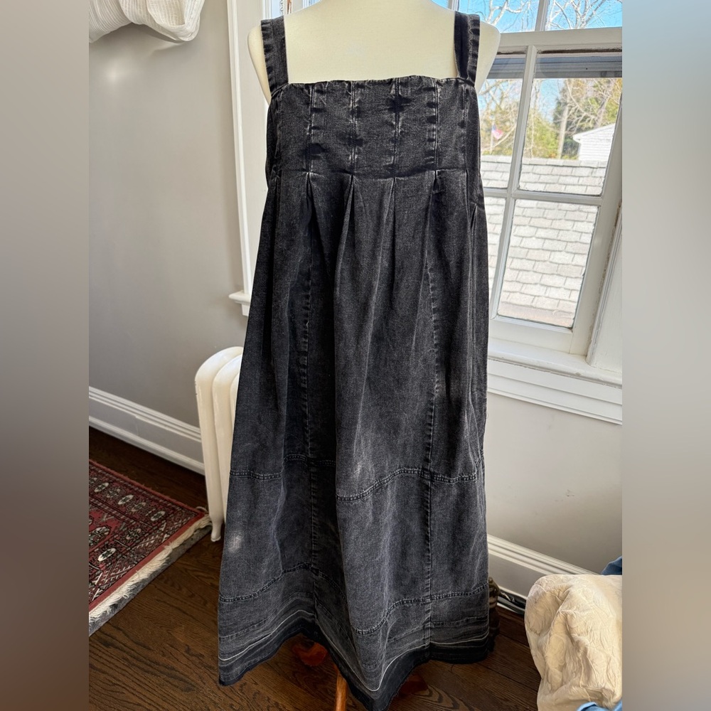Free People Black Washed Denim Midi Sun Dress/Jumper Dress with Wide Straps L